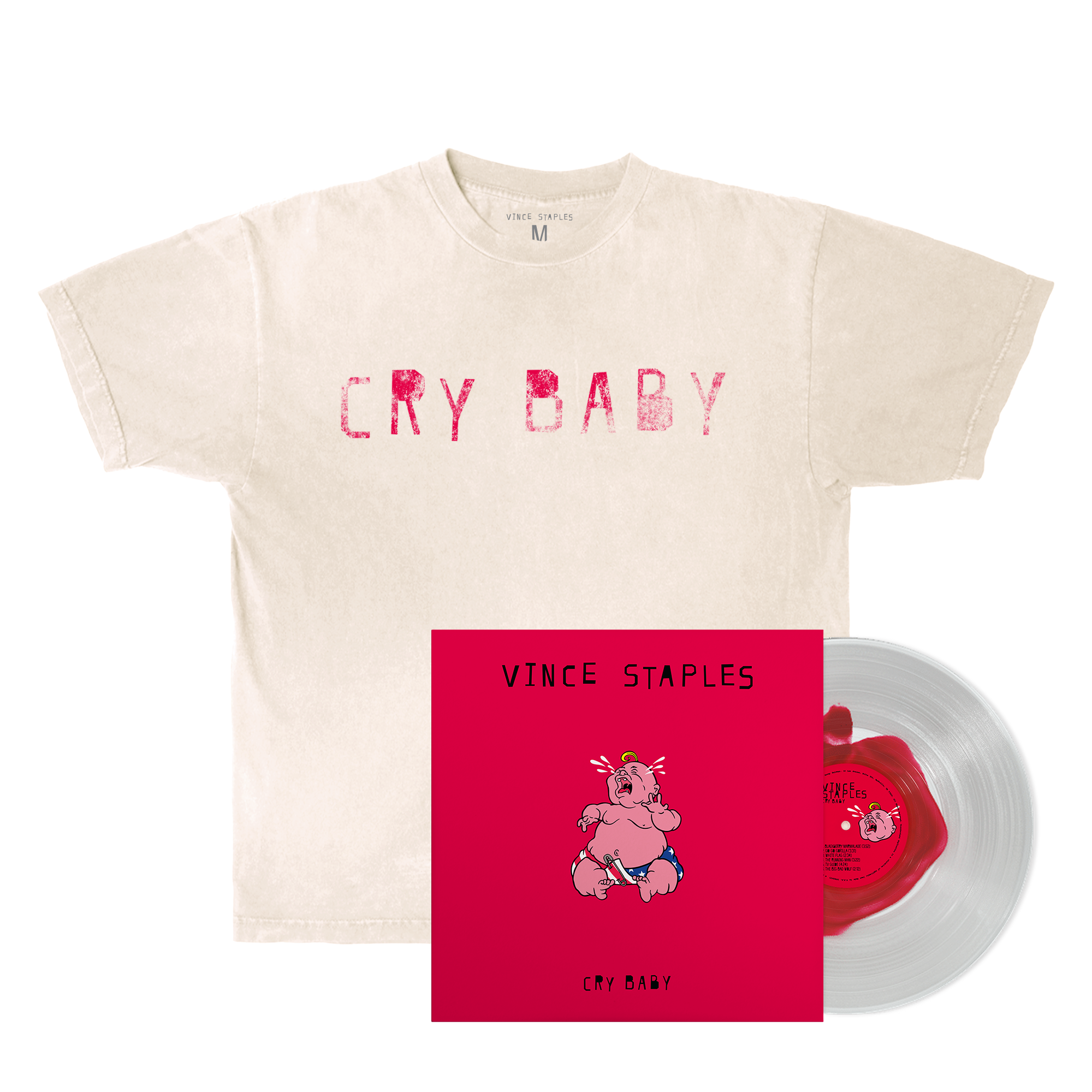 Vince Staples – Cry Baby Cream T-Shirt w/Bloodshot Colored LP