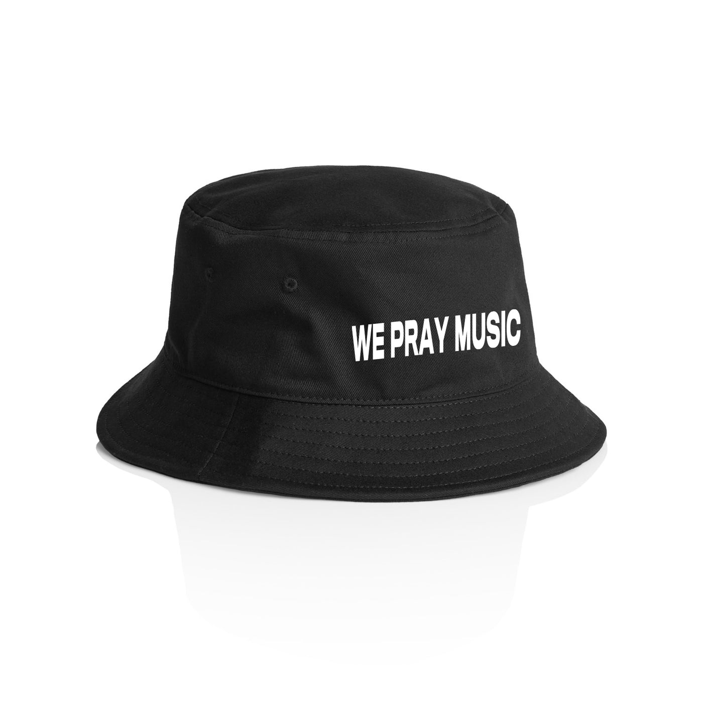 We Pray Music Bucket Hat in Black (white text)