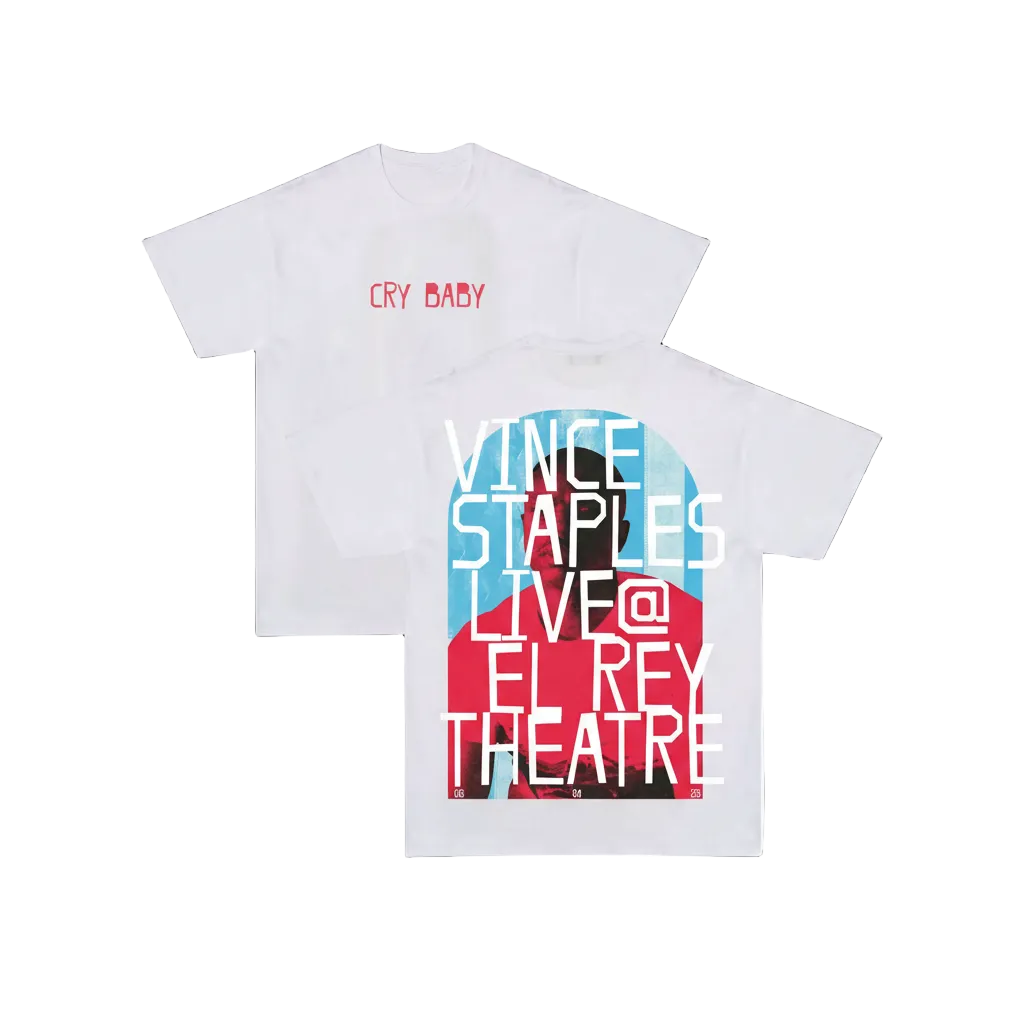 White short-sleeve T-shirt shown front and back on a plain white background. The front has small red text reading 'CRY BABY' on the left chest.